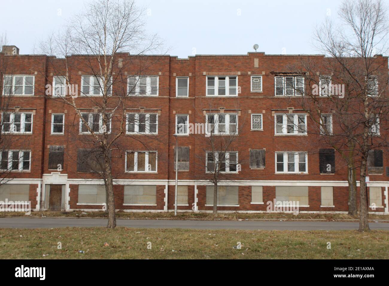 Abandoned and boardedup large apartment building in Englewood on Chicago