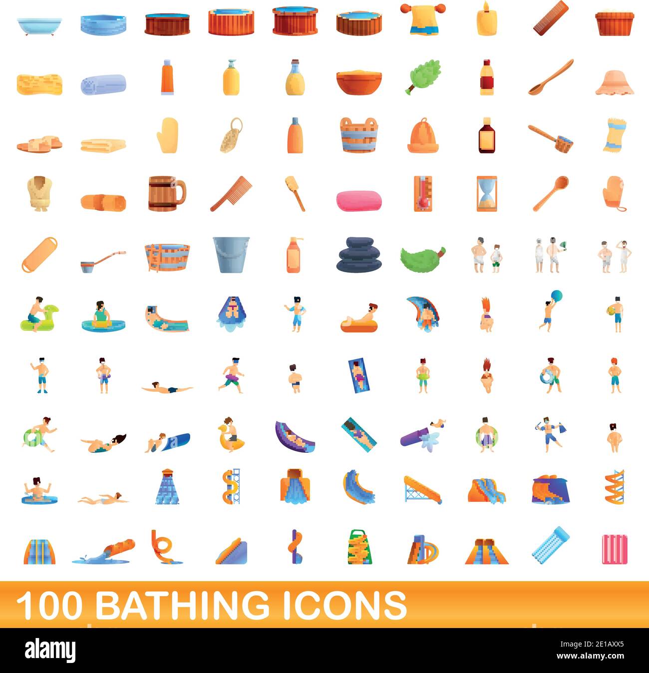 100 bathing icons set. Cartoon illustration of 100 bathing icons vector set isolated on white background Stock Vector