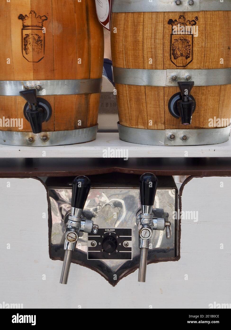 Beer dispenser with wooden barrels in Lisbon Stock Photo