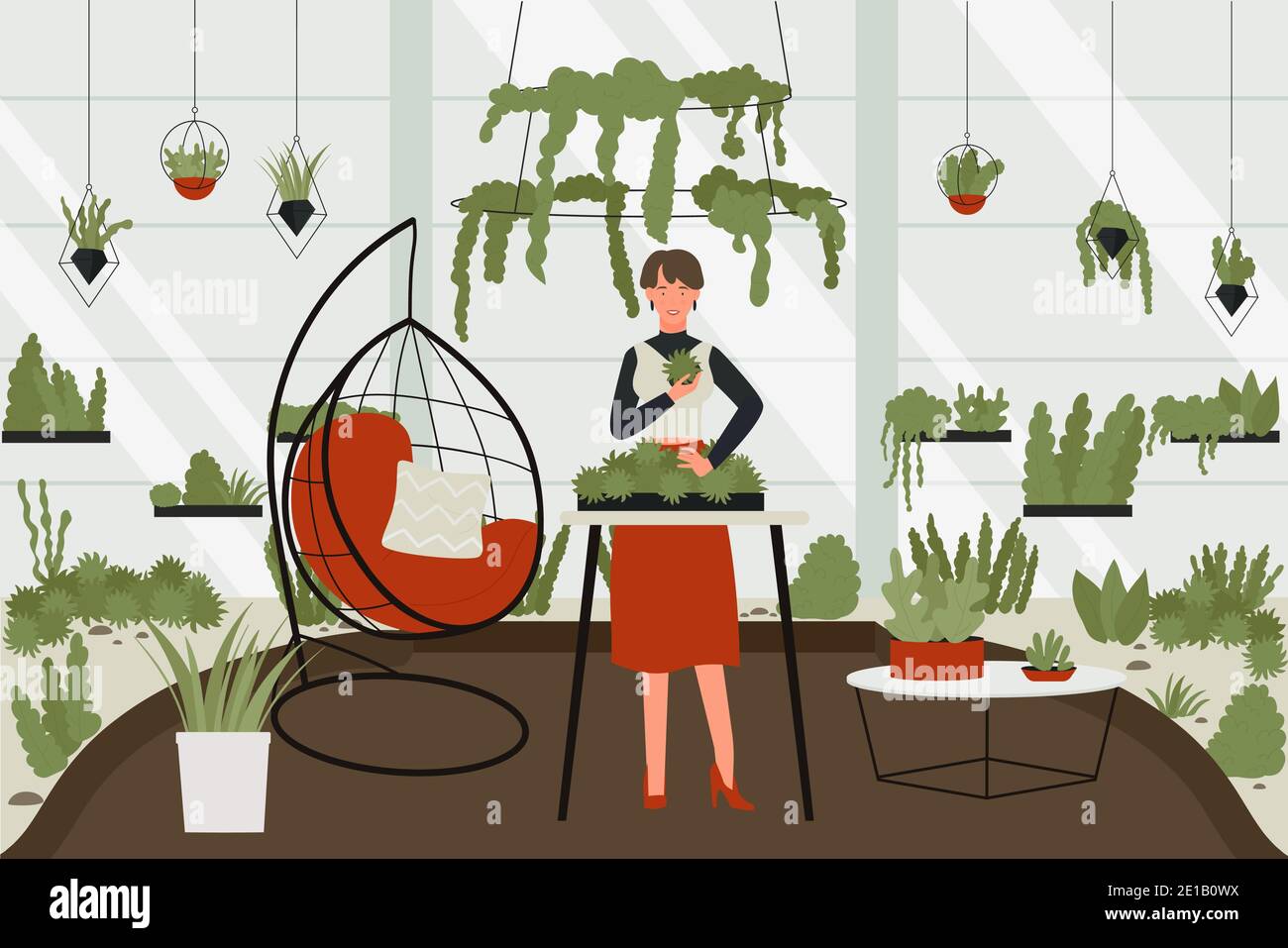 Woman with greenhouse hobby vector illustration. Cartoon young female character cares for green plants, crazy plant lady growing houseplants in pots of home garden in interior apartments background Stock Vector