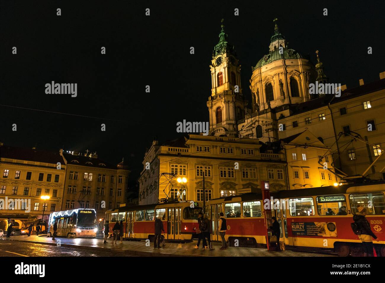 PRAGUE - January 5: Tram Skoda 15T with Christmas decoration on January 5, 2021 at Malostranske Square, Prague, Czech Republic. Stock Photo