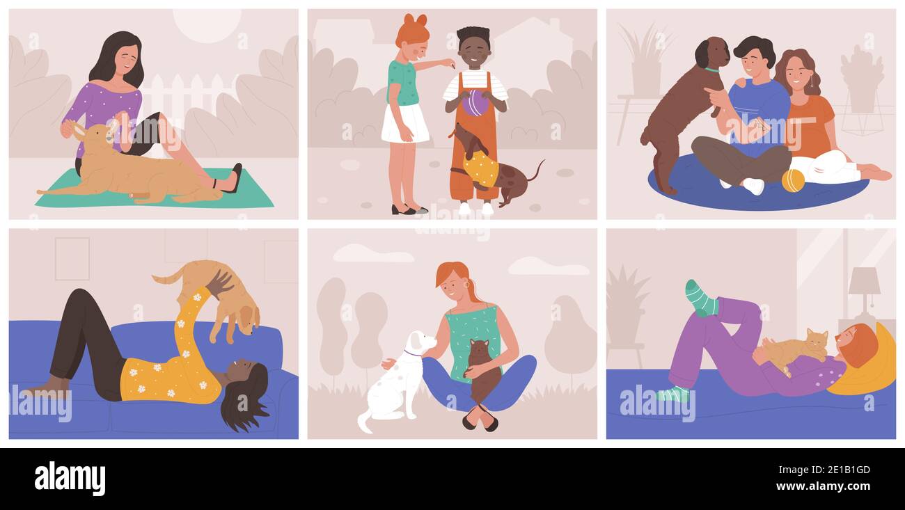 People spend time with pets vector illustration set. Cartoon young happy pet owners love and hug own dogs or cats, happy man woman or children characters playing, loving domestic animal friends Stock Vector