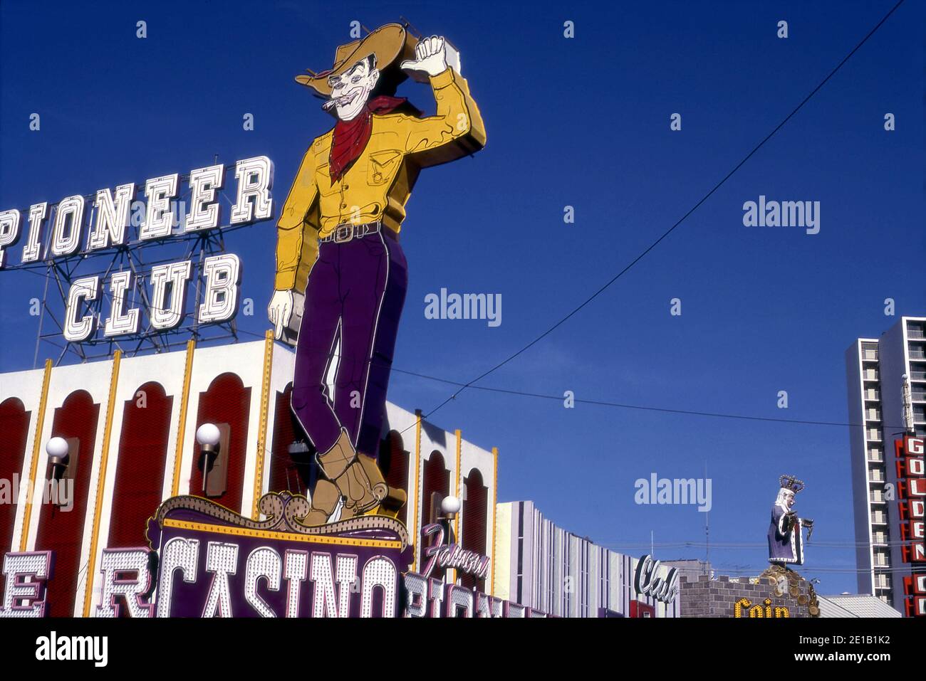 Neon cowboy sign at the Pioneer Club Casino on Fremont Street in Las Vegas, Nevada circa 1970s Stock Photo