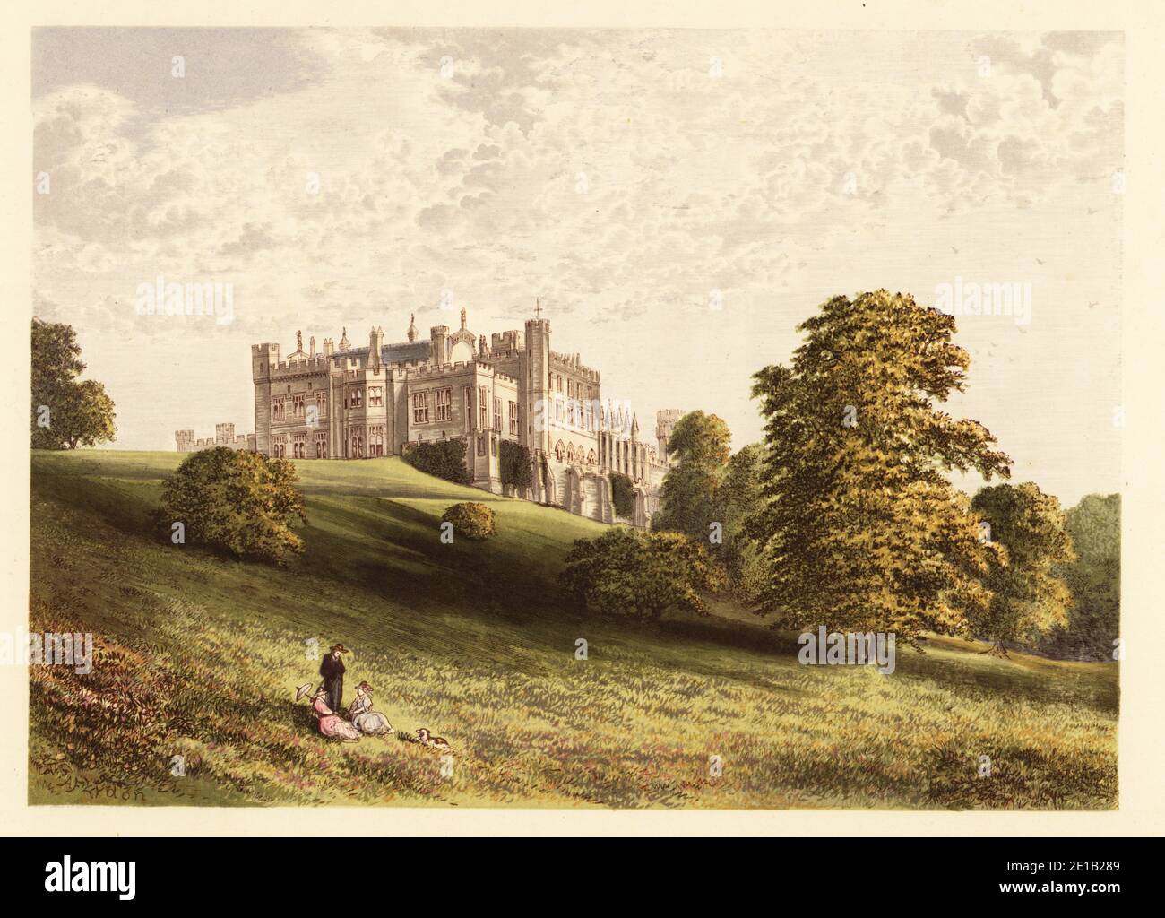 Lambton Castle., County Durham, England. Stately home in the style of a Norman castle built by architect Joseph Bonomi and his son Ignatius Bonomi between 1820 and 1828 for John Lambton, 1st Earl of Durham. Colour woodblock by Benjamin Fawcett in the Baxter process of an illustration by Alexander Francis Lydon from Reverend Francis Orpen Morris’s Picturesque Views of the Seats of Noblemen and Gentlemen of Great Britain and Ireland, William Mackenzie, London, 1880. Stock Photo