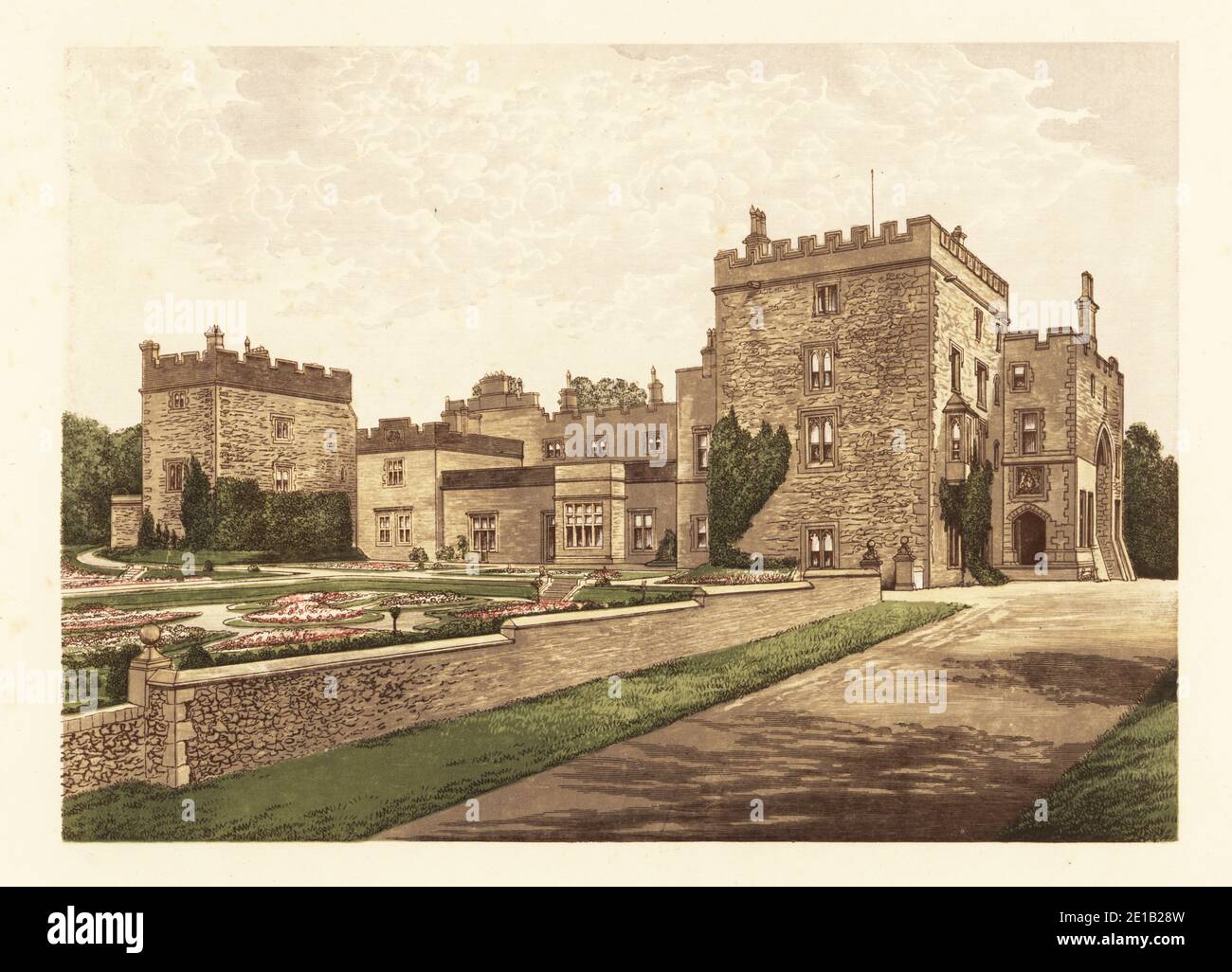 Muncaster Castle, Cumbria, England. Medieval castle of the 14th century remodelled by architect Anthony Salvin in the 1860s for Josslyn Pennington, 5th Baron Muncaster. Colour woodblock by Benjamin Fawcett in the Baxter process of an illustration by Alexander Francis Lydon from Reverend Francis Orpen Morris’s Picturesque Views of the Seats of Noblemen and Gentlemen of Great Britain and Ireland, William Mackenzie, London, 1880. Stock Photo