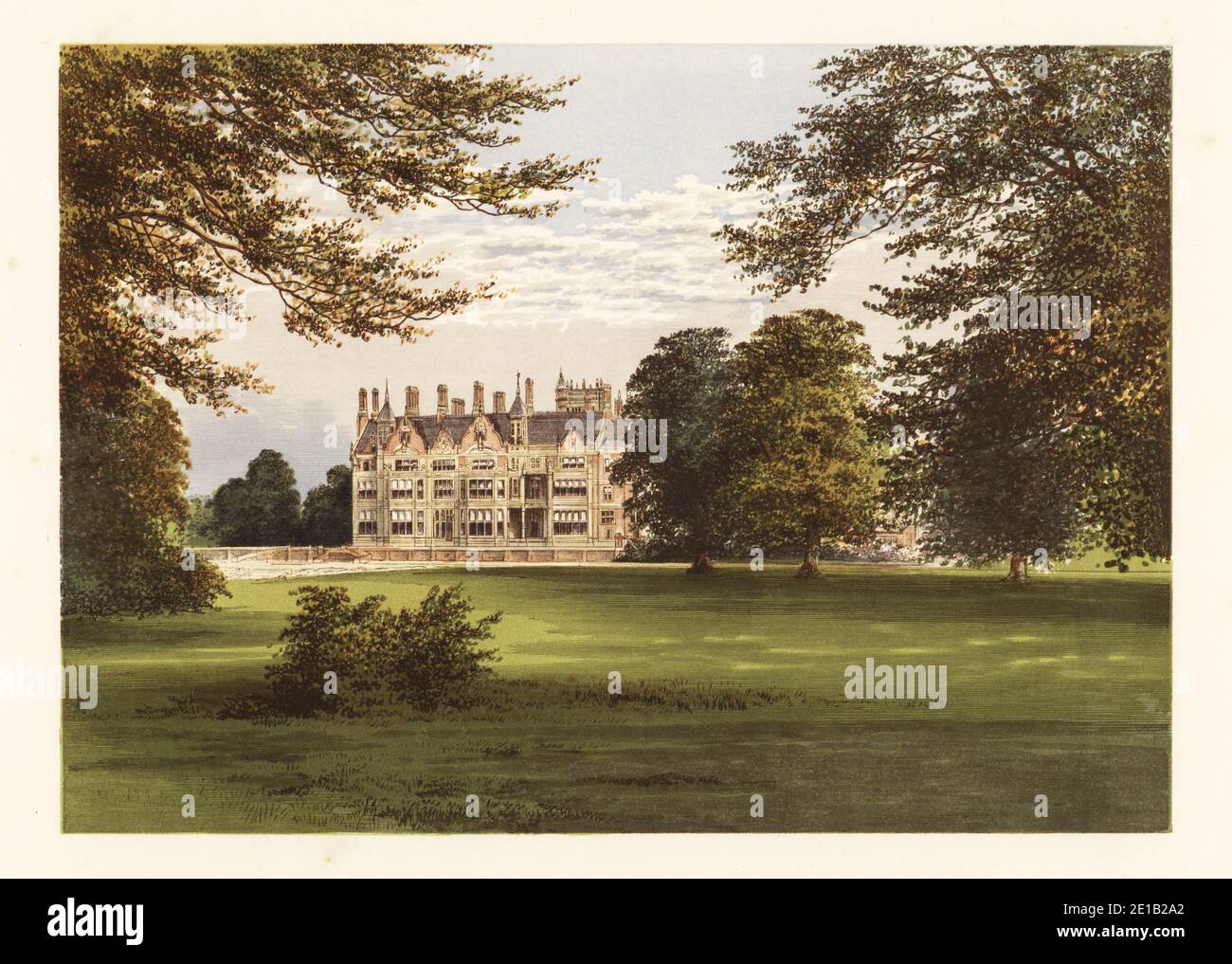 Bearwood, Berkshire, England. Elizabethan-style house built by architect Robert Kerr in 1865 for coal merchant John Walter.  Colour woodblock by Benjamin Fawcett in the Baxter process of an illustration by Alexander Francis Lydon from Reverend Francis Orpen Morris’s Picturesque Views of the Seats of Noblemen and Gentlemen of Great Britain and Ireland, William Mackenzie, London, 1880. Stock Photo