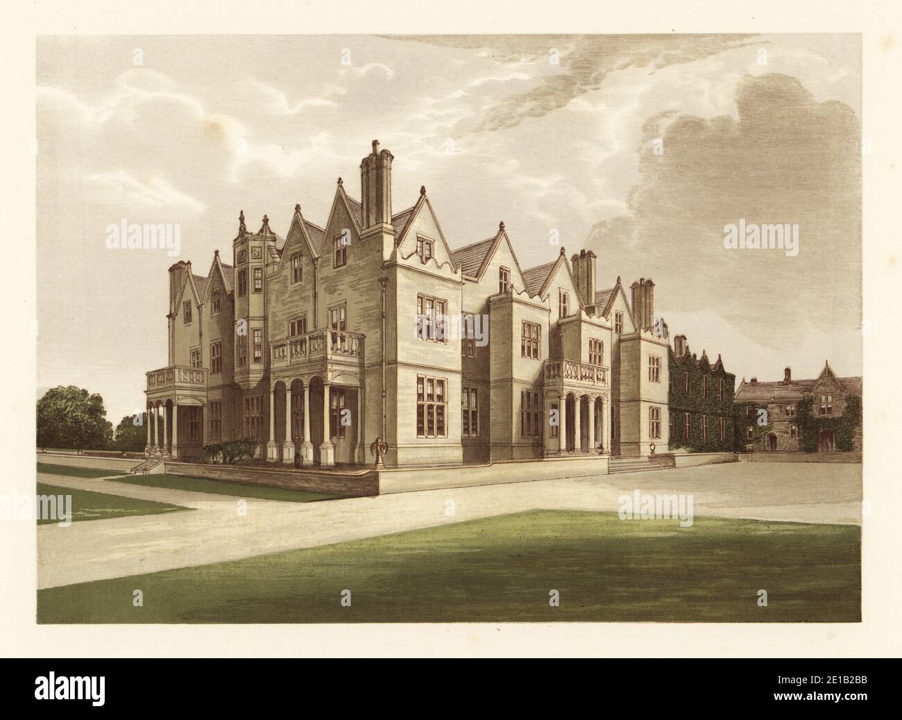 Acton Reynald Hall., Shropshire, England. Neo-Jacobean style mansion, retaining the original Elizabethan Tuscan portico, built by John Hiram Haycock for Sir Andrew Corbet. Colour woodblock by Benjamin Fawcett in the Baxter process of an illustration by Alexander Francis Lydon from Reverend Francis Orpen Morris’s Picturesque Views of the Seats of Noblemen and Gentlemen of Great Britain and Ireland, William Mackenzie, London, 1880. Stock Photo