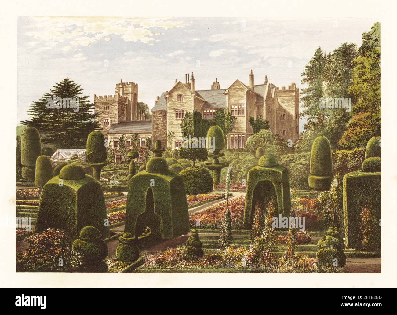 Levens Hall., Cumbria, England. Elizabethan-era house with famous topiary garden laid out by French gardener Guillaume Beaumont in the 17th century. Colour woodblock by Benjamin Fawcett in the Baxter process of an illustration by Alexander Francis Lydon from Reverend Francis Orpen Morris’s Picturesque Views of the Seats of Noblemen and Gentlemen of Great Britain and Ireland, William Mackenzie, London, 1880. Stock Photo