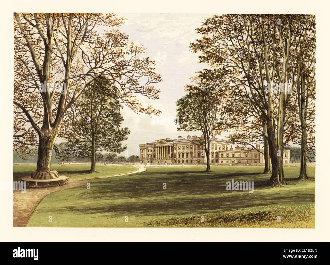 Hamilton Palace, Lanarkshire, Scotland. Neo-classical Palladian-style stately home with Corinthian pediment built by architect James Smith in 1695 for William Douglas-Hamilton, Duke of Hamilton, refurbished in the Regency era by David Hamilton from plans by WIlliam Adam. Colour woodblock by Benjamin Fawcett in the Baxter process of an illustration by Alexander Francis Lydon from Reverend Francis Orpen Morris’s Picturesque Views of the Seats of Noblemen and Gentlemen of Great Britain and Ireland, William Mackenzie, London, 1880. Stock Photo