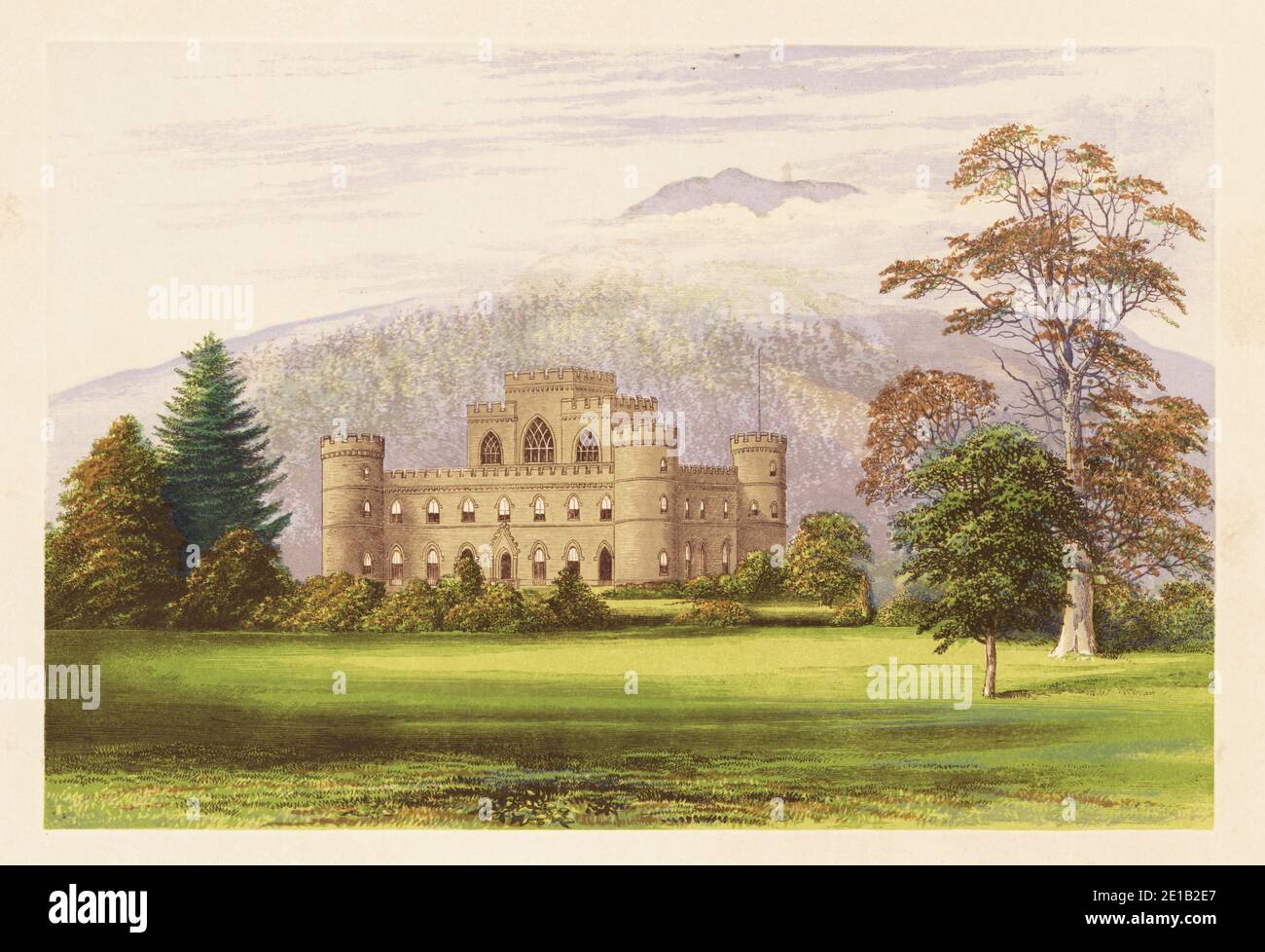Inverary Castle, Argyll, Scotland. Gothic Revival-style castle with crenellated walls and circular towers built in 1743 by William Adam and Roger Morris, with neo-classical rooms by Robert Mylne for John Campbell, 5th Duke of Argyll. Colour woodblock by Benjamin Fawcett in the Baxter process of an illustration by Alexander Francis Lydon from Reverend Francis Orpen Morris’s Picturesque Views of the Seats of Noblemen and Gentlemen of Great Britain and Ireland, William Mackenzie, London, 1880. Stock Photo