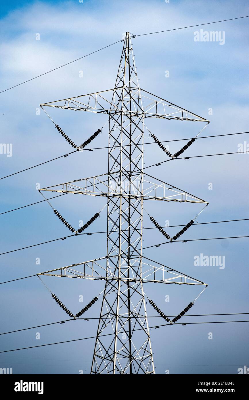 High voltage overhead transmission line tower. Stock Photo