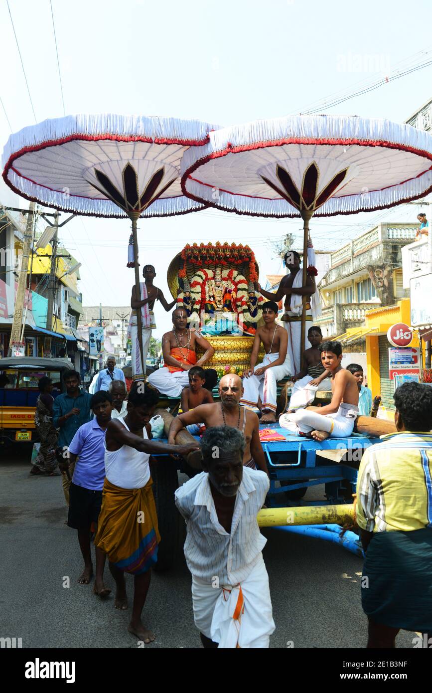 Sthalasayana Peruma temple car procession in the streets of