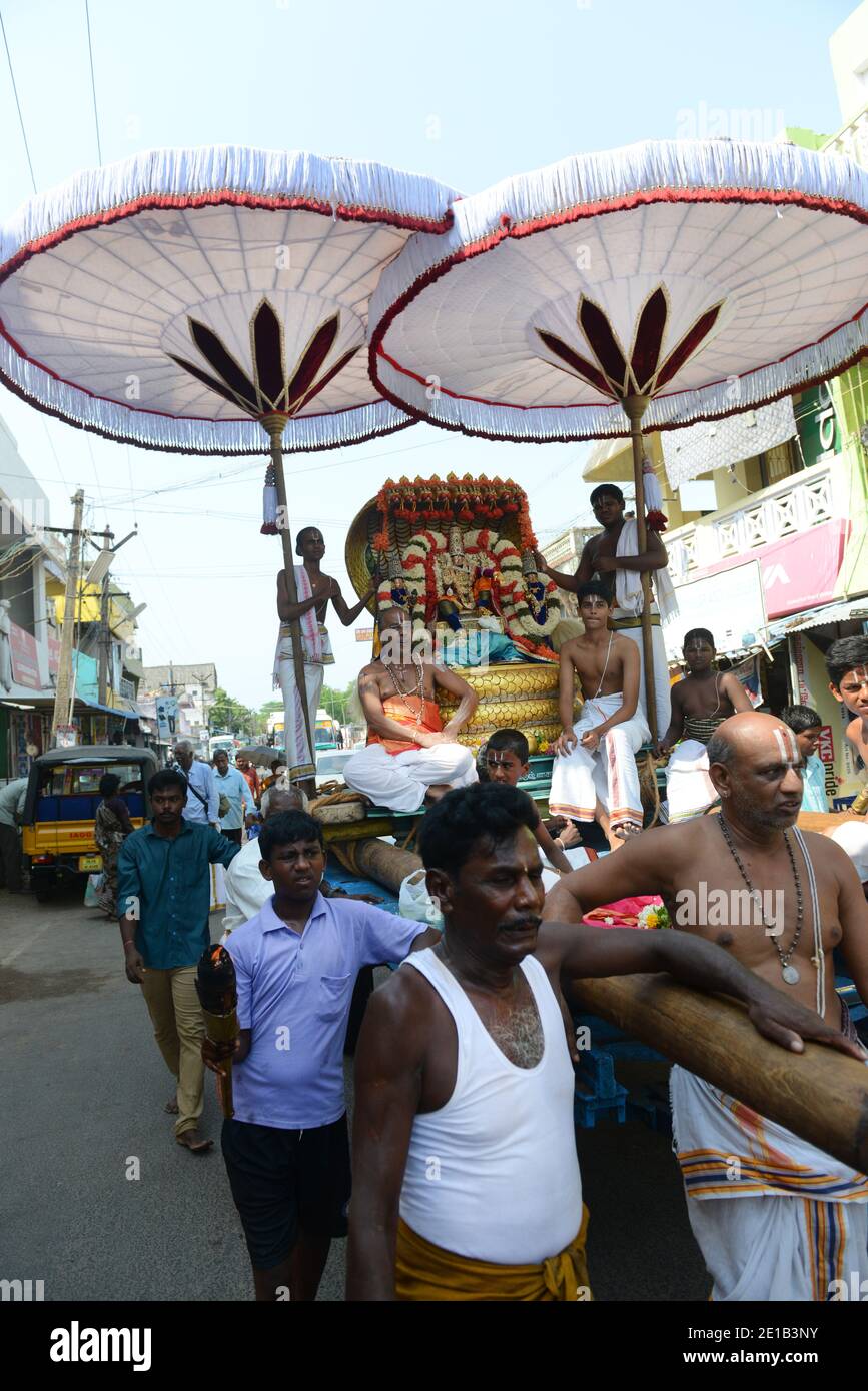 Sthalasayana Peruma temple car procession in the streets of