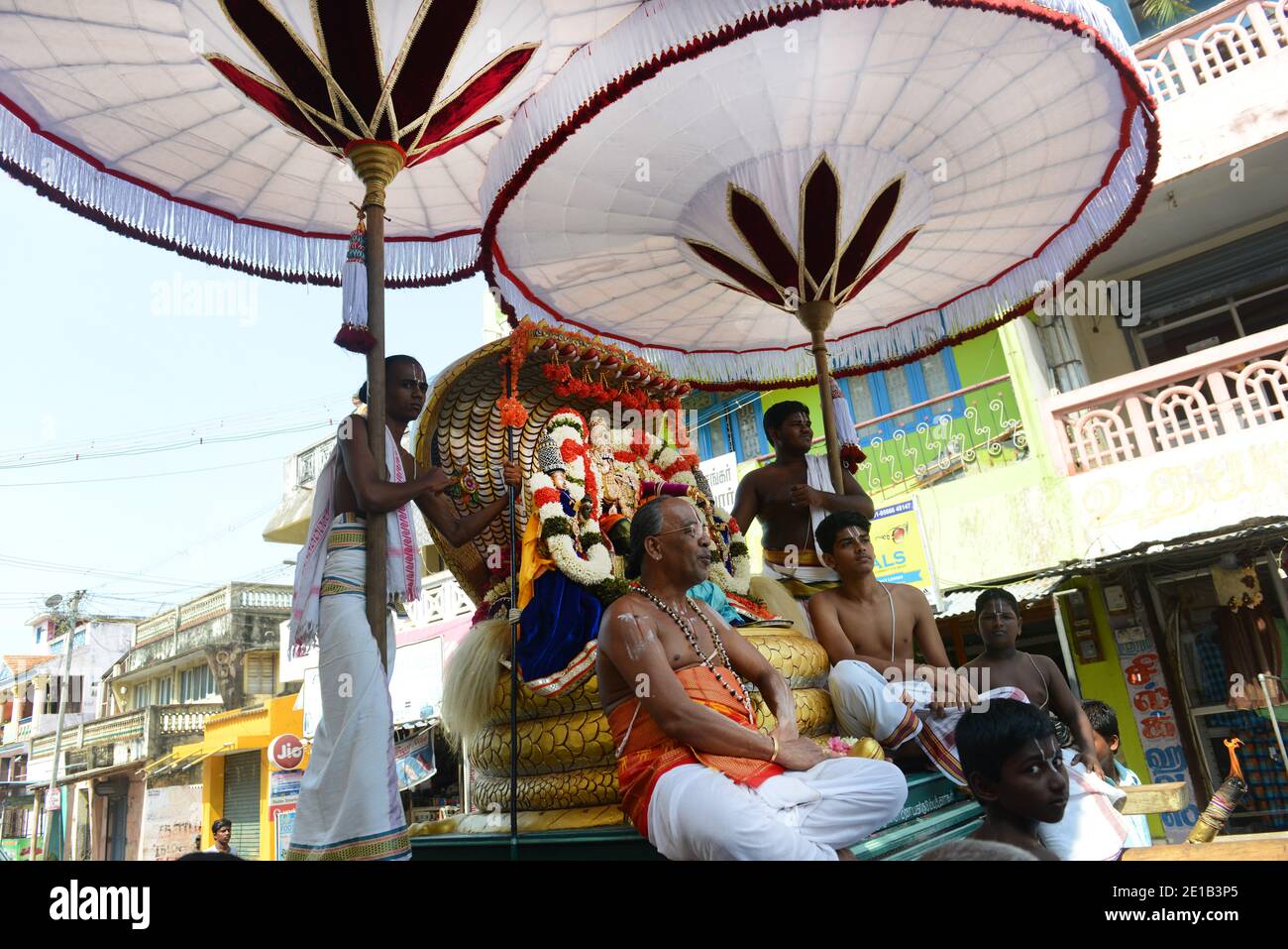 Sthalasayana Peruma temple car procession in the streets of