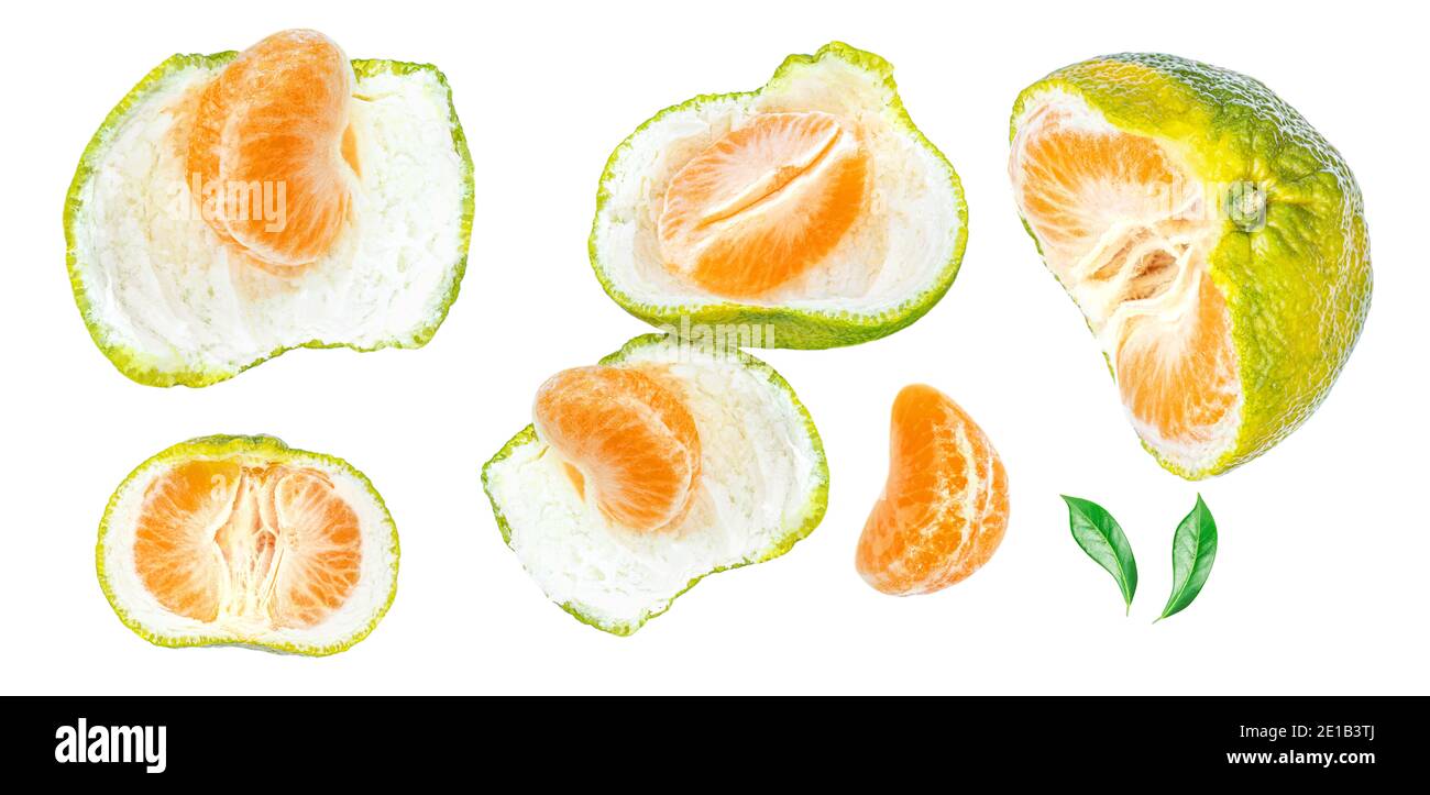 Peeled Mandarine fruit  (clementine, tangerin) slices  isolated on white background. Top view. Flat lay Stock Photo