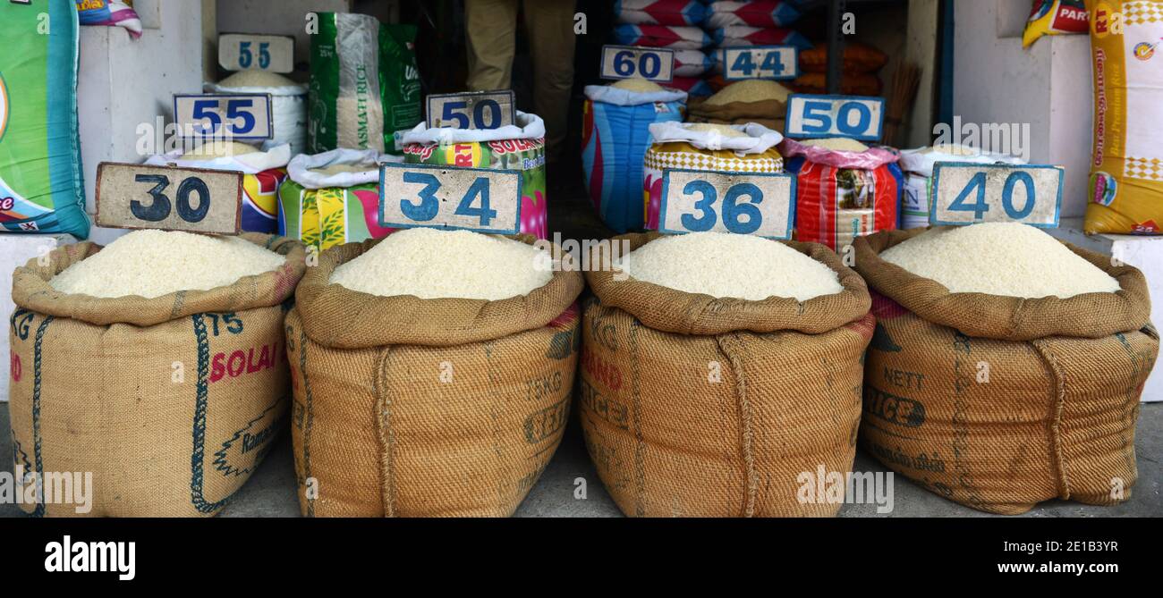 Various rice varieties sold in a rice shop in Mahabalipuram, India