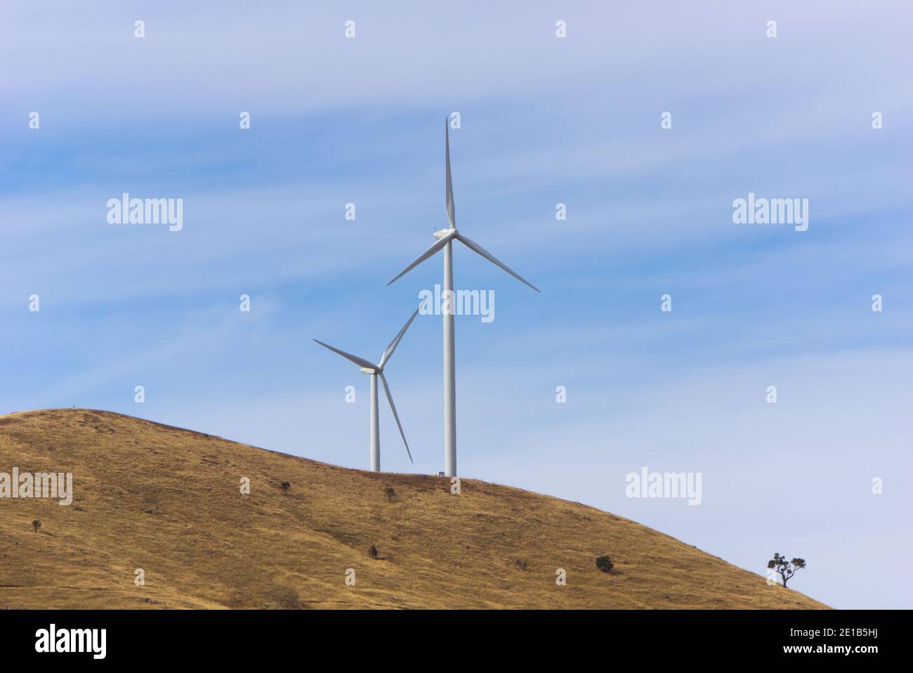 Wind turbine generators on a hillside generating electricity from wind