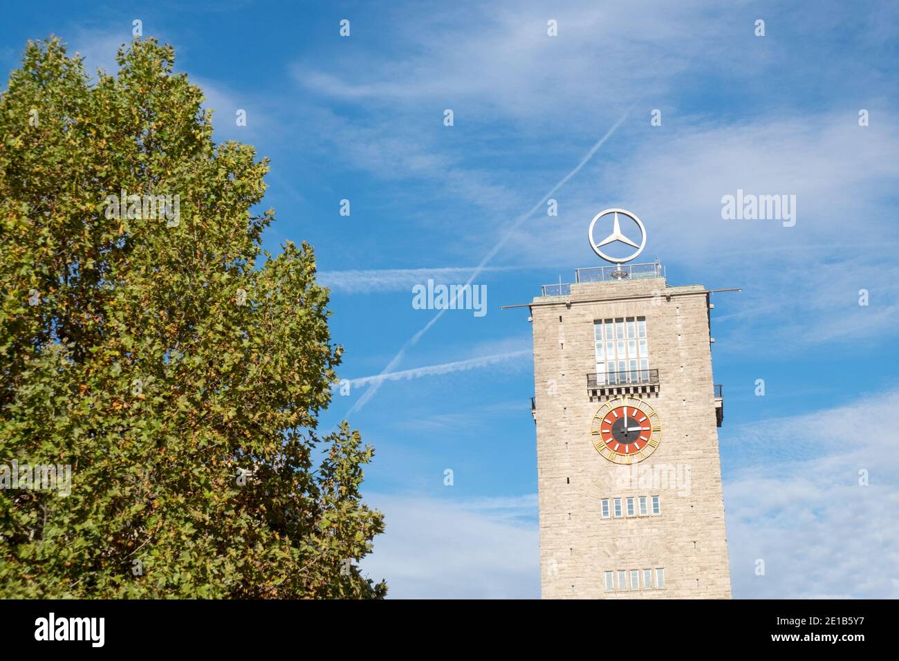 STUTTGART,GERMANY - NOVEMBER 17, 2020:Mercedes (Daimler) Tower next to train station in Stuttgart city center Stock Photo