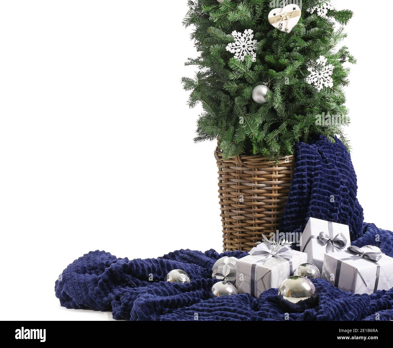 Beautiful decorated Christmas tree with gift boxes on white background ...