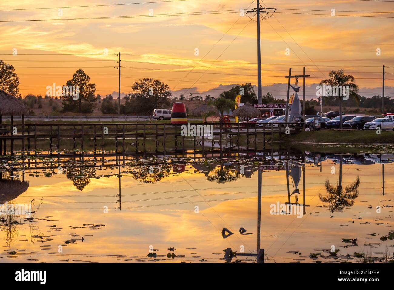 Sunset view of lake, sushi food truck, and US Highway 27 from the citrus groves at Showcase of Citrus in Clermont, Florida, near Orlando. (USA) Stock Photo