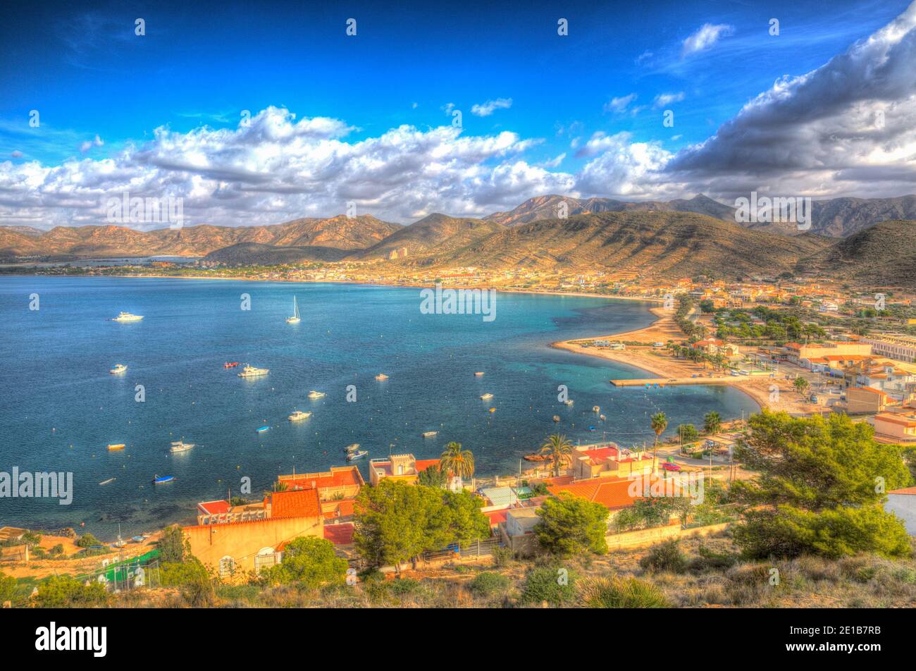 La Azohia Murcia Spain coast view with boats near La Isla Plana and between Puerto de Mazarron