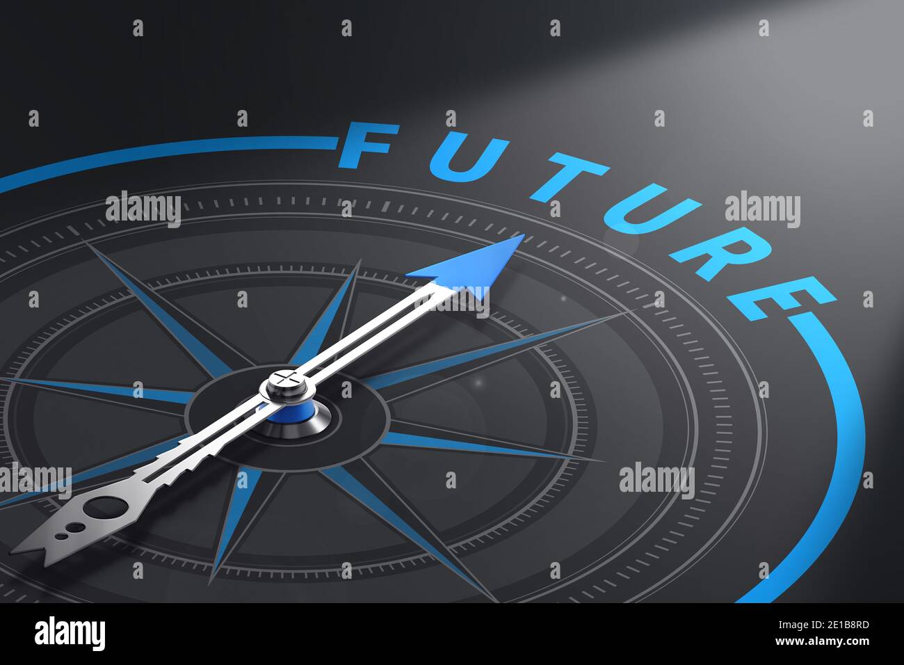 compass with the needle pointing the word future, black background. Concept for business vision or perspective solutions. 3d illustration Stock Photo