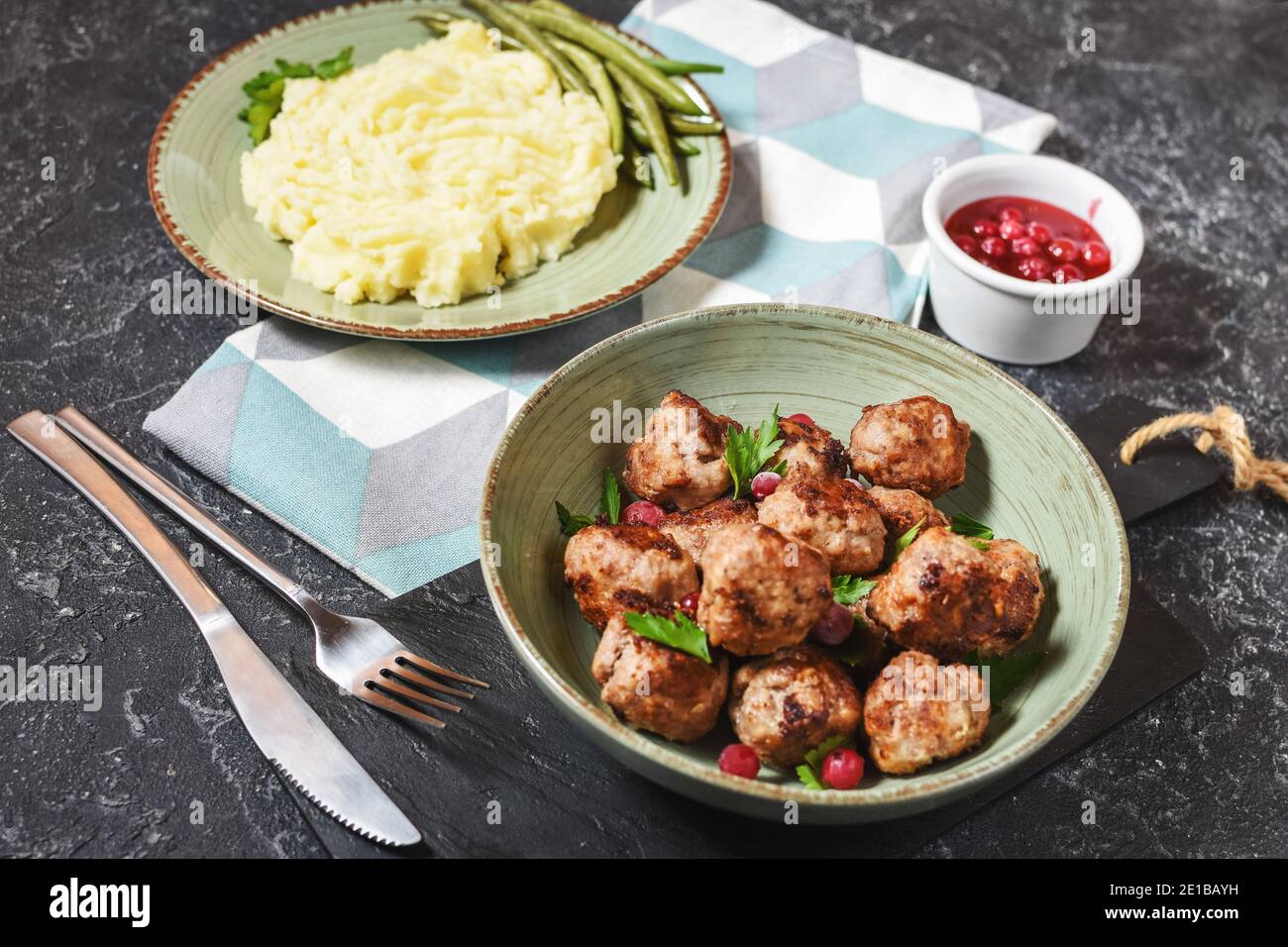 Swedish meatballs with mashed potatoes and green beans Stock Photo Alamy