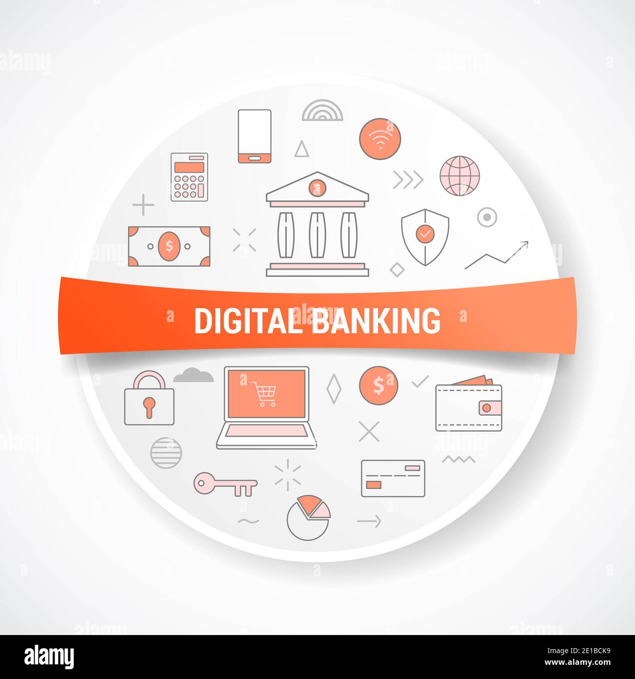 online or digital banking with icon concept with round or circle shape ...