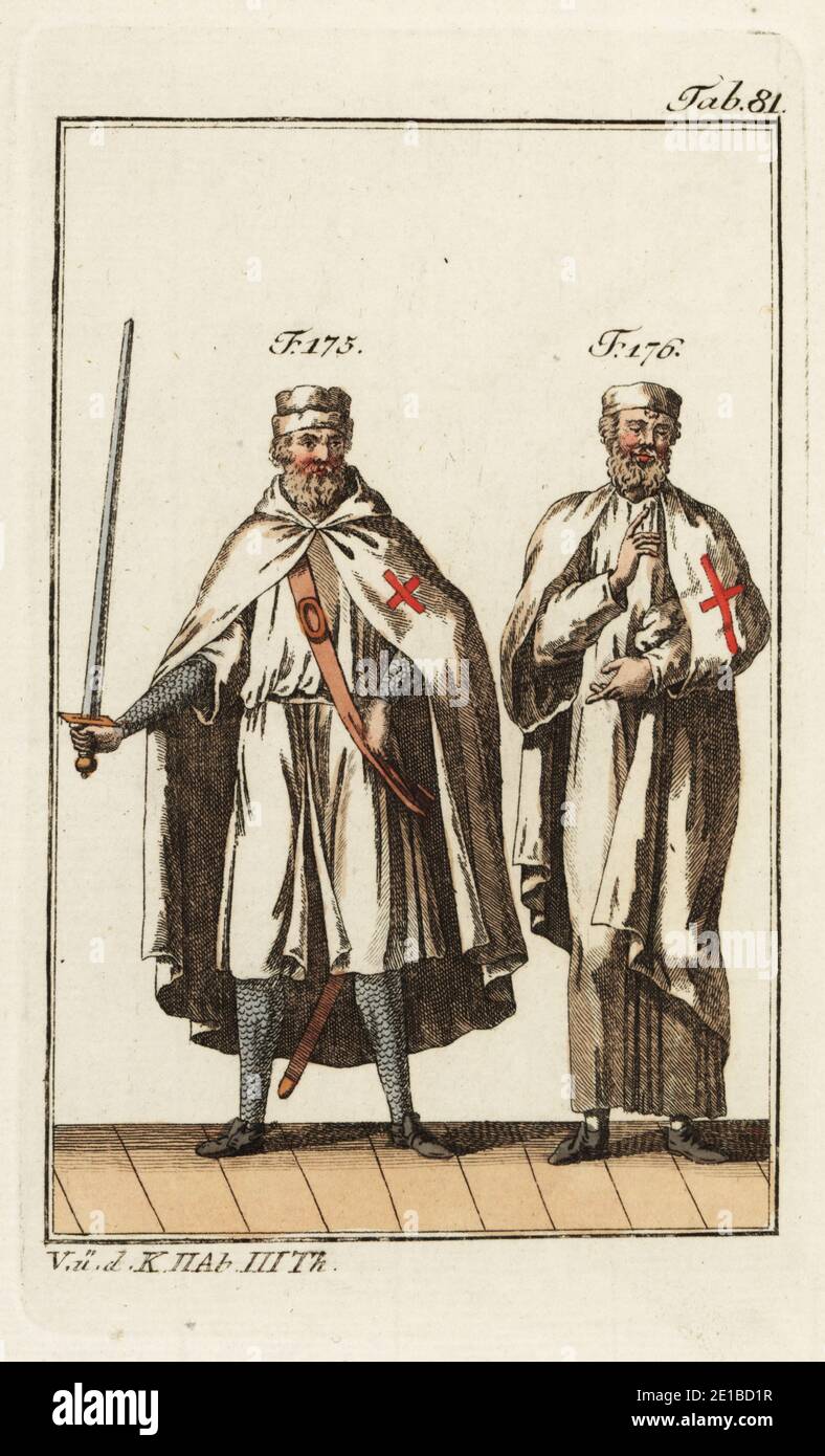 Two Knights Templar. One in battle garb (175), armed with sword and wearing chainmail armor beneath his tunic and cape with red cross. One in house wear (176), or monastery robes. The Order of the Knights Templar was a military order founded in 1118 by Hugues de Payens, a knight of Champagne, and eight other knights to protect pilgrims to the Holy Land. Copied from an illustration by Jacques Charles Bar in Costumes des ordres religieux et militaires, 1778. Handcolored copperplate engraving from Robert von Spalart's Historical Picture of the Costumes of the Principal People of Antiquity and Mid Stock Photo