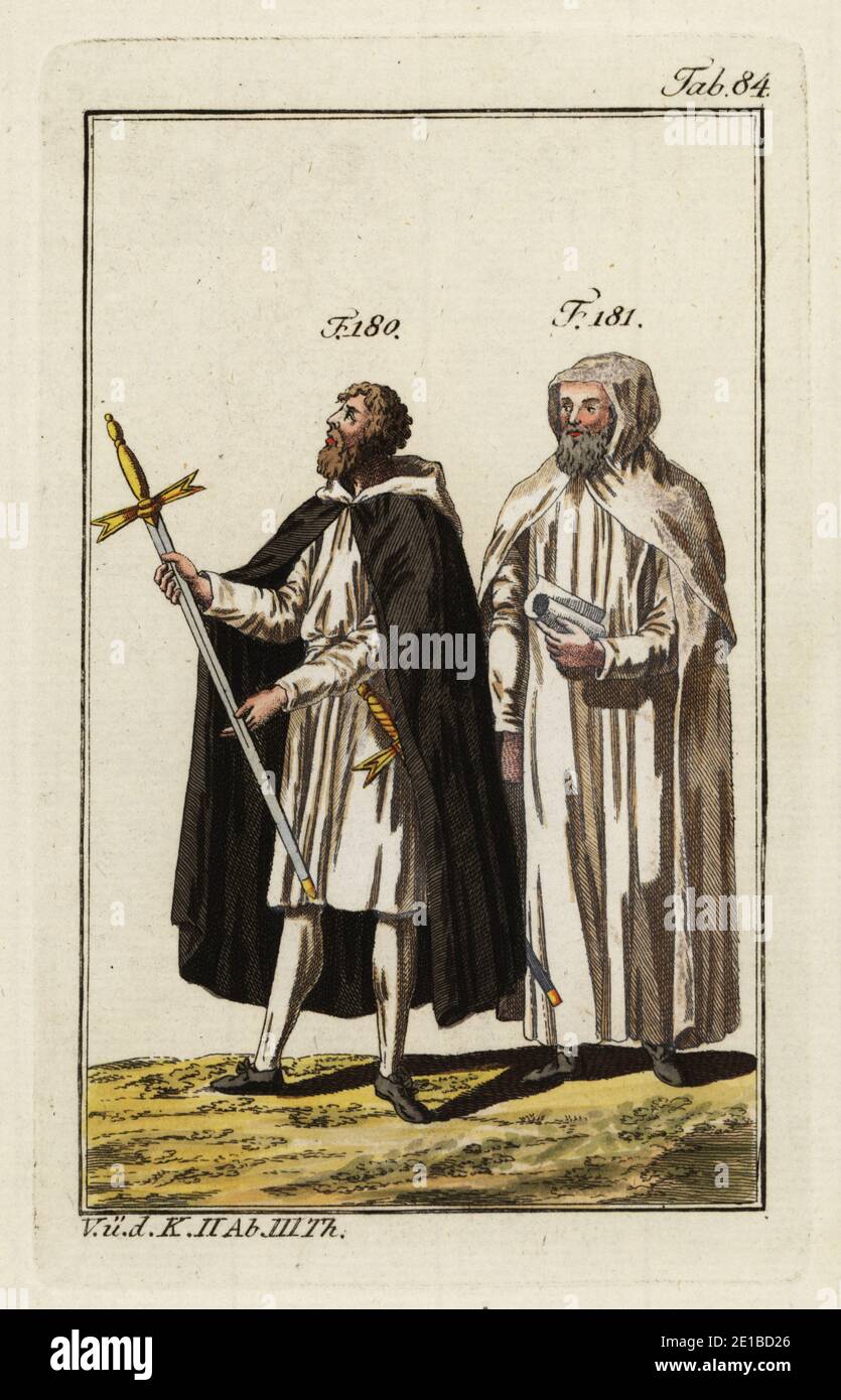 Two Knights Templar: a squire or servant brother in black cape holding a sword (180) and a treasurer in white hooded cape (181). The Order of the Knights Templar was a military order founded in 1118 by Hugues de Payens, a knight of Champagne. Copied from an illustration by Jacques Charles Bar in Costumes des ordres religieux et militaires, 1778 Handcolored copperplate engraving from Robert von Spalart's Historical Picture of the Costumes of the Principal People of Antiquity and Middle Ages, Vienna, 1802. . Stock Photo