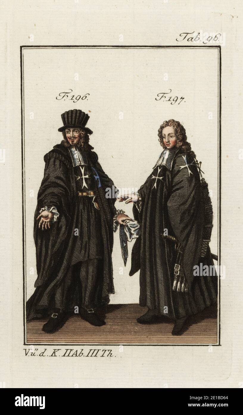 Grand-Master 196 and Knight of the Grand Cross 197 of the Knights of Malta in ceremonial robes. The Knights Hospitaller, or the Order of St. John of Jerusalem, was established in 1118 by Gerard Tenque. Copied from an illustration by Christoph Weigel in Philipp Bonanni’s Ritter-Ordern, 1728. Handcolored copperplate engraving from Robert von Spalart's Historical Picture of the Costumes of the Principal People of Antiquity and Middle Ages, Vienna, 1802. Stock Photo