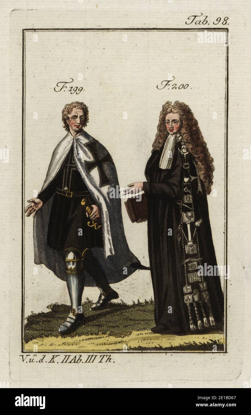 A Teutonic knight in cape and tunic over armour 199 and a Knight of Malta in 18th century ceremonial robes and wig for the taking of vows 200. Copied from an illustration by Christoph Weigel in Philipp Bonanni’s Ritter-Ordern, 1728. Handcolored copperplate engraving from Robert von Spalart's Historical Picture of the Costumes of the Principal People of Antiquity and Middle Ages, Vienna, 1802. Stock Photo