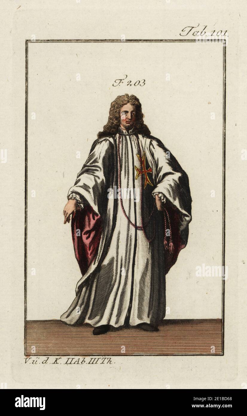 Knight of the Order of Saint Stephen in ceremonial robes. The Order of Saint Stephen was a dynastic-military order founded in 1561 by Cosimo de Medici, first Duke of Tuscany. Copied from an illustration by Christoph Weigel in Philipp Bonanni’s Ritter-Ordern, 1728. Handcolored copperplate engraving from Robert von Spalart's Historical Picture of the Costumes of the Principal People of Antiquity and Middle Ages, Vienna, 1802. Stock Photo