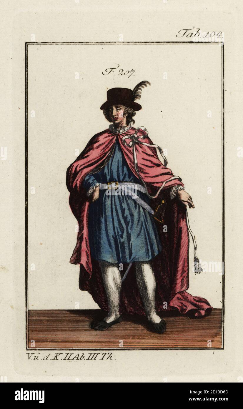 Knight in ceremonial robes of the Order of the Bath, a British order of chivalry founded by King George I in 1725. Copied from an illustration by Christoph Weigel in Philipp Bonanni’s Ritter-Ordern, 1728. Handcolored copperplate engraving from Robert von Spalart's Historical Picture of the Costumes of the Principal People of Antiquity and Middle Ages, Vienna, 1802. Stock Photo