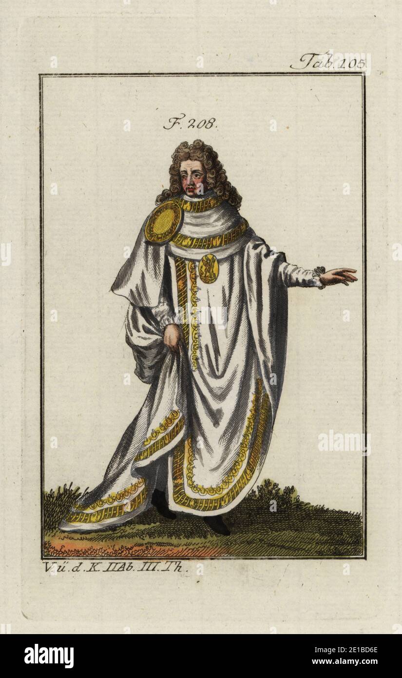 Knight in ceremonial robes of the Order of Saint Micheal, a French order of chivalry established in 1469 by King Louis XI. Copied from an illustration by Christoph Weigel in Philipp Bonanni’s Ritter-Ordern, 1728. Handcolored copperplate engraving from Robert von Spalart's Historical Picture of the Costumes of the Principal People of Antiquity and Middle Ages, Vienna, 1802. Stock Photo
