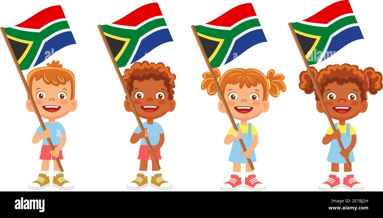 South Africa flag in hand. Children holding flag. National flag of