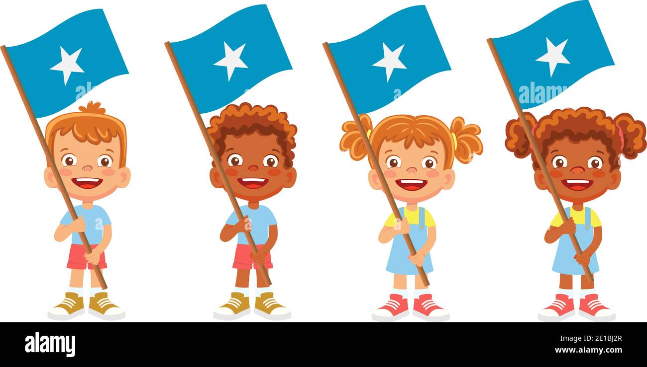 Somalia flag in hand. Children holding flag. National flag of Somalia Stock Photo