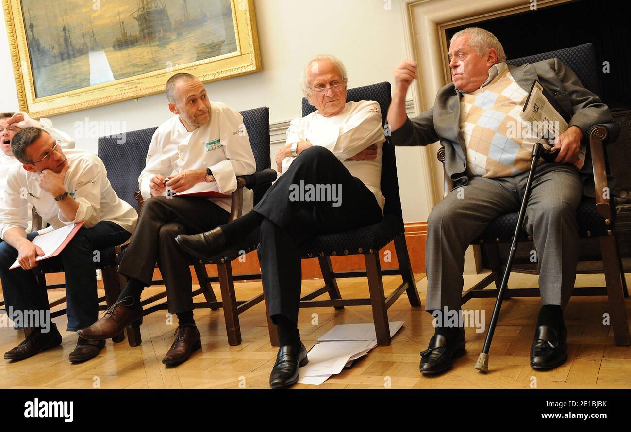 File photo dated 06/04/2009 of (left to right) Alain Roux, Michel Roux Jnr, Michel Roux and Albert Roux during the final of the Roux Scholarship at the Mandarin Oriental Hotel in London. The Chef and restaurateur Albert Roux has died at the age of 85. Stock Photo
