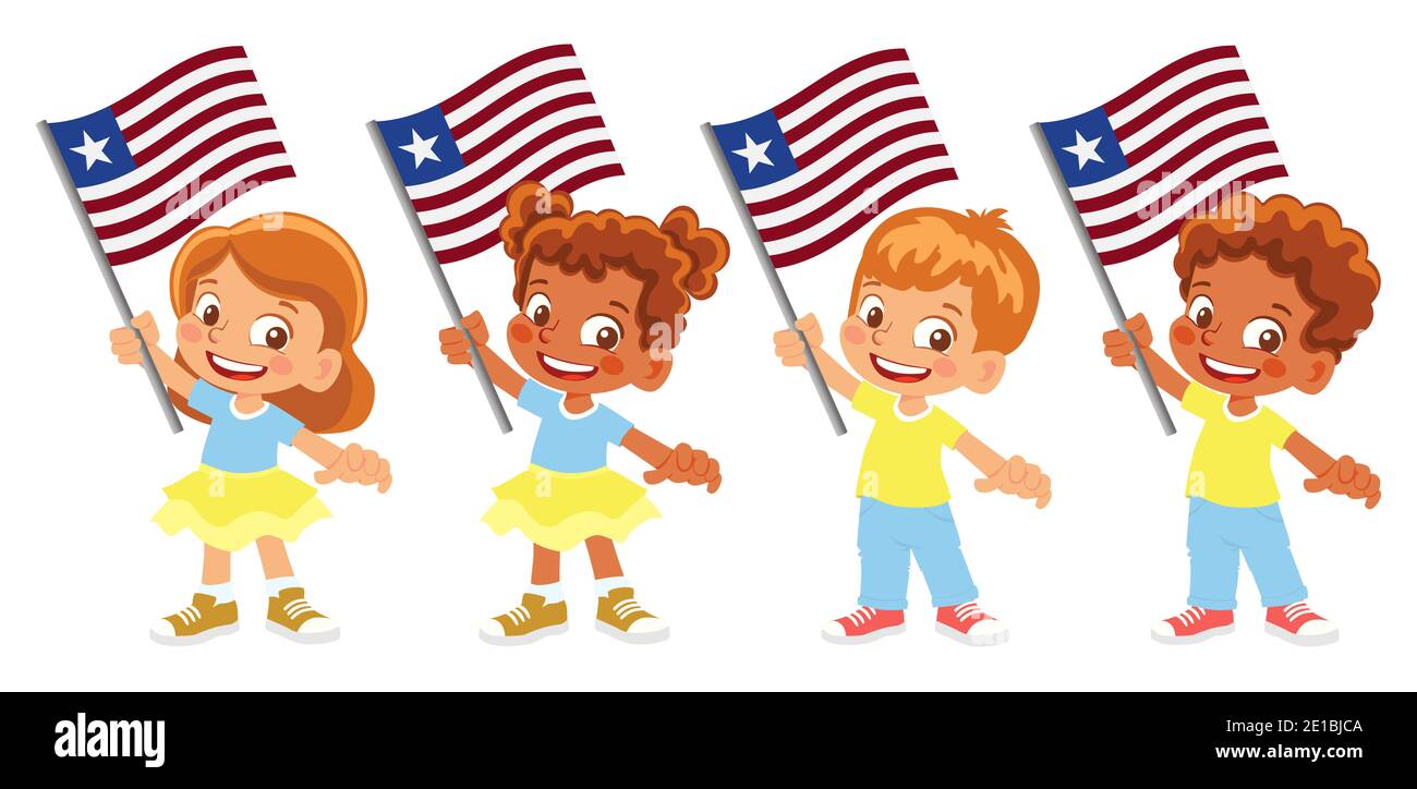 Liberia flag in hand. Children holding flag. National flag of Liberia Stock Photo