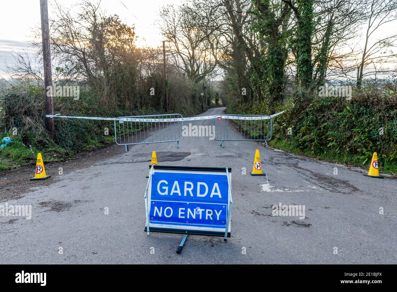 Midleton, County Cork, Ireland. 6th Jan, 2021. Skeletal remains were found on the Midleton to Youghal Greenway last night, just outside Midleton. Gardai have the road leading to the discovery sealed off. The pathologist is due to examine the remians today. Credit: AG News/Alamy Live News Stock Photo