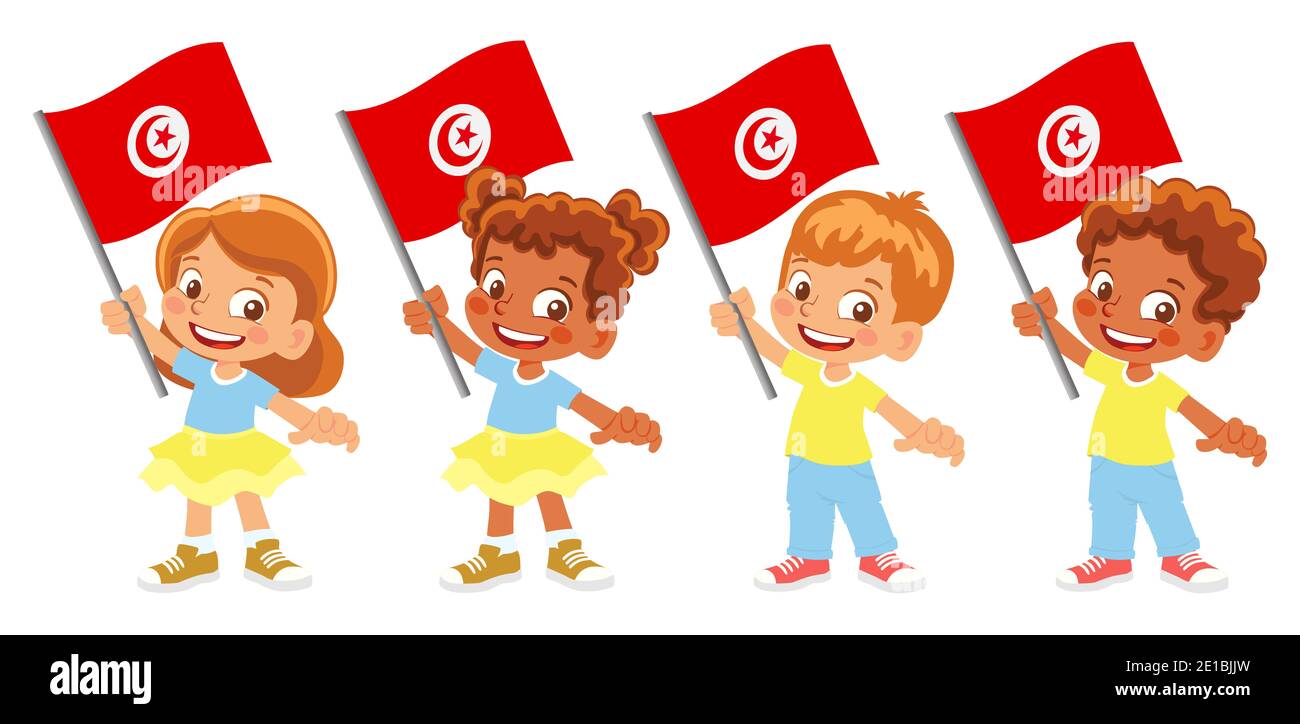 Tunisia flag in hand. Children holding flag. National flag of Tunisia Stock Photo