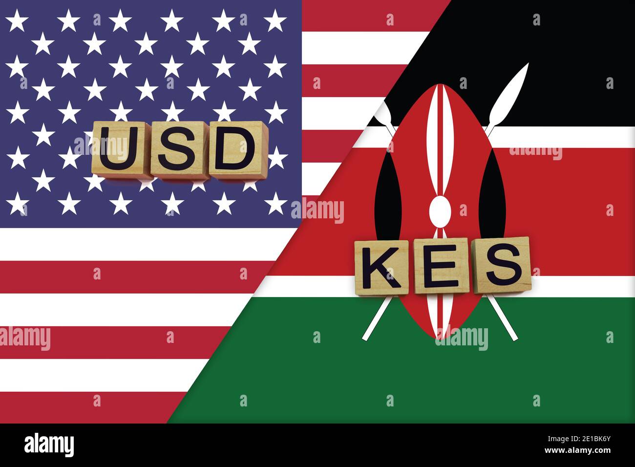 USA and Kenya currencies codes on national flags background. International money transfer