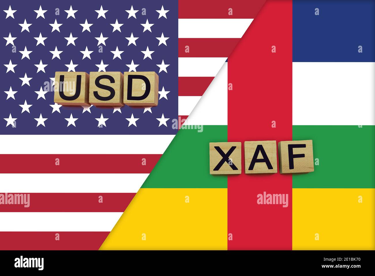 USA and Central African Republic currencies codes on national flags background. International money transfer concept Stock Photo