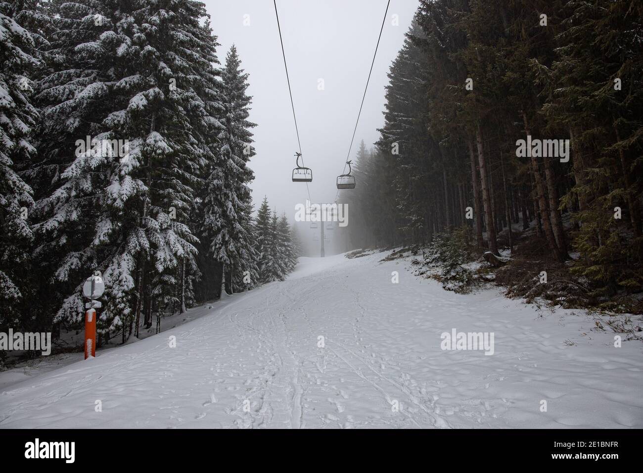 Empty Ski Lift on a snowy winter landscape, with snow covered mountains and big pine and fir trees, in the fog. The chairlift has no people on Stock Photo