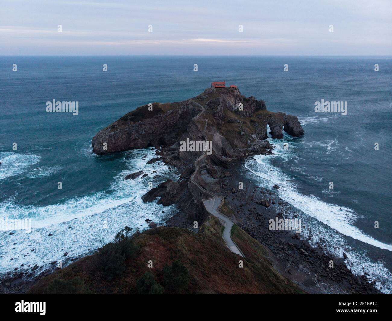 Aerial panorama of Gaztelugatxe islet rock castle hermitage chapel ...