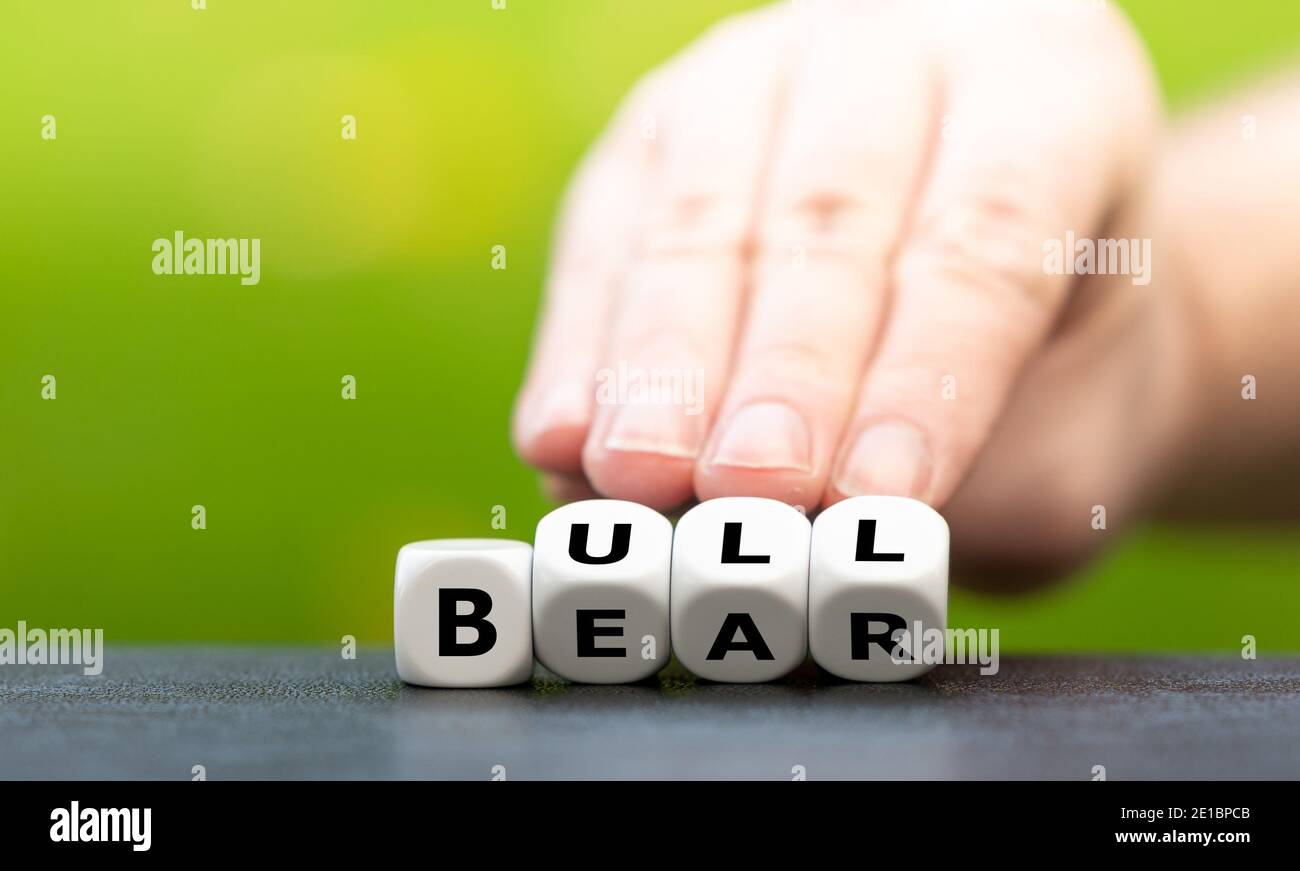 Symbol for a positive trend at the stock market. Hand turns dice and changes the word Bear to Bull. Stock Photo