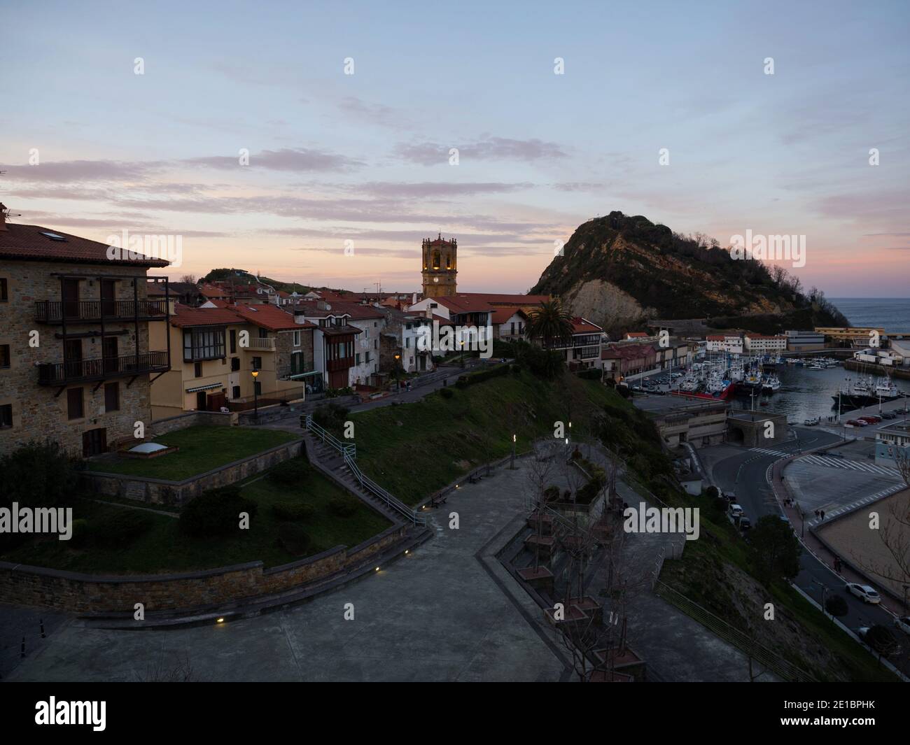 Panoramic view of fishing village harbour coastal town Getaria Guetaria on Urola Coast Gipuzkoa Basque Country Spain Europe Stock Photo