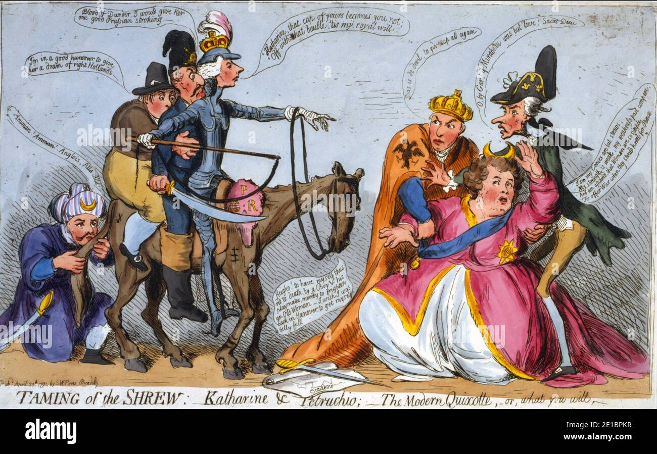CATHERINE THE GREAT (1729-1796) Empress of All Russia in a 1791 British cartoon showing Britain, Holland and Prussia attempting to mediate between Turkey and Russia with Catherine supported by  Austria and France Stock Photo