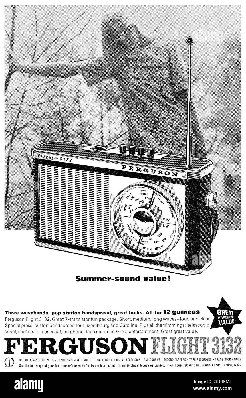 1965 British advertisement for the Ferguson Flight 3132 portable transistor radio. Stock Photo
