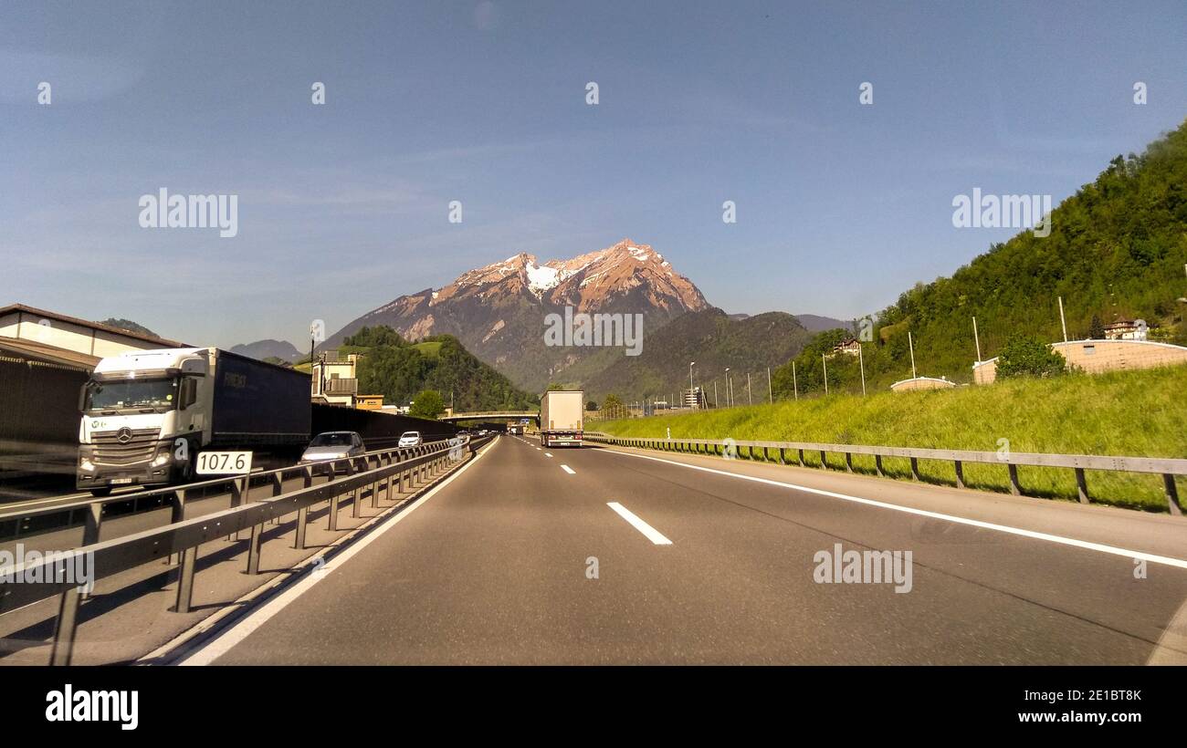 Swiss motorway toll sticker (Vignette) at the windshield of a car in  Switzerland Stock Photo - Alamy